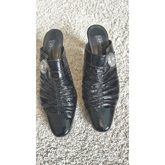 Brighton Shoes - Brighton Black Patent Leather Ruched Mules Ornate Silver Medallion Heels Italy‎